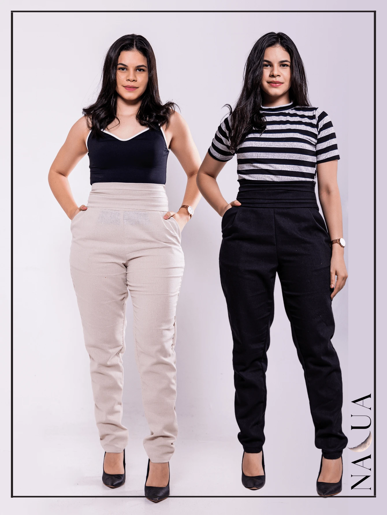 KIT 2 Women's Tailored Trousers, In Linen, With Draped Waistband And Side Cuffs, With Front Pocket - Black - View 1