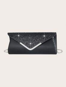 女士不对称黑色水钻项链晚装金属链条包 3 件套女士水钻晚装手拿包，新娘婚礼项链耳环吊坠闪光钱包，适合派对、婚礼、舞会、晚宴/宴会，搭配婚纱、礼服、舞会礼服、生日礼服、派对礼服 - 黑色 - 查看 6