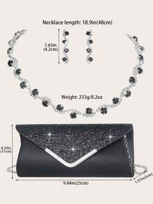 女士不对称黑色水钻项链晚装金属链条包 3 件套女士水钻晚装手拿包，新娘婚礼项链耳环吊坠闪光钱包，适合派对、婚礼、舞会、晚宴/宴会，搭配婚纱、礼服、舞会礼服、生日礼服、派对礼服 - 黑色 - 查看 5