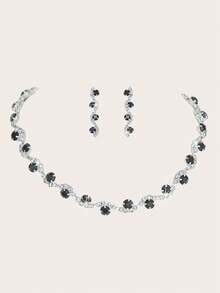 女士不对称黑色水钻项链晚装金属链条包 3 件套女士水钻晚装手拿包，新娘婚礼项链耳环吊坠闪光钱包，适合派对、婚礼、舞会、晚宴/宴会，搭配婚纱、礼服、舞会礼服、生日礼服、派对礼服 - 黑色 - 查看 4