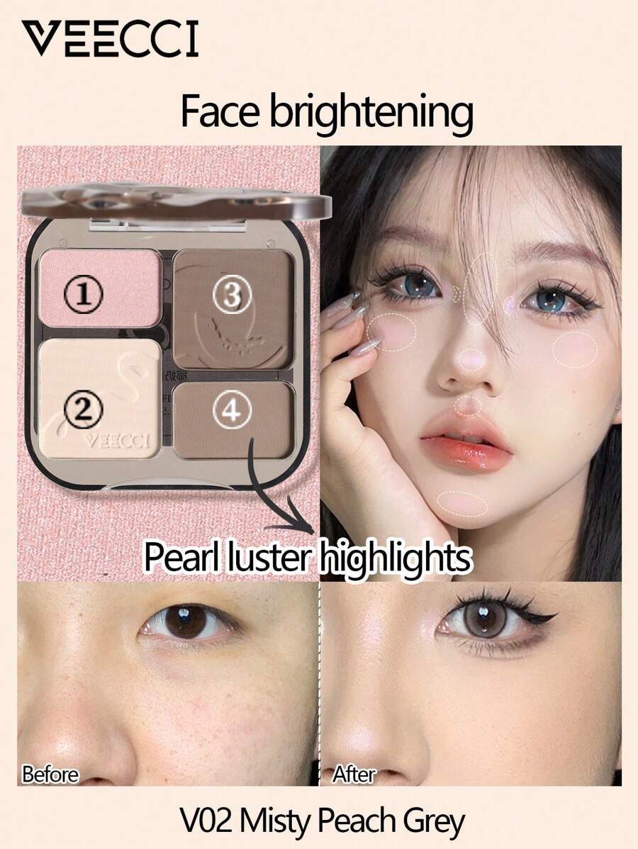 VEECCI 自由且易于绘制的高光和轮廓调色板哑光荧光笔 - V02 Misty Peach Grey - 查看 1