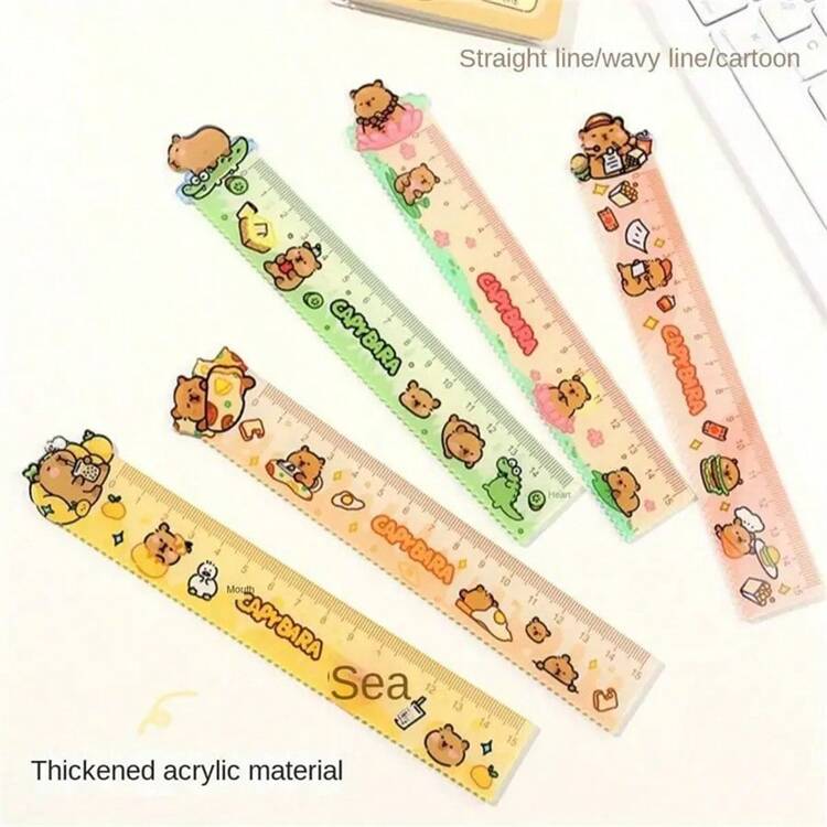 Regla de acrílico con dibujo de capibara: útiles escolares de dibujos animados lindos, 18 cm/7.09 pulgadas, con líneas onduladas, regla recta, suministros de oficina, herramientas matemáticas, de vuelta a la escuela - kapibala - Añade 4