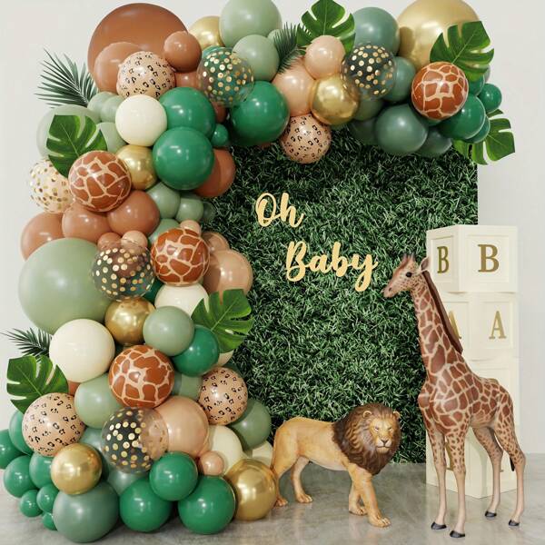 170pcs Jungle Zoo Wildlife Balloon Arch Set, Sage Green Brown Animal Print Balloons Palm Leaves Wildlife Safari 1st Birthday Party Decorations, For Tropical Forest Theme