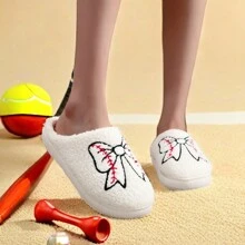 Christmas Gift Women Warm Embroidered Cute Bow Pattern Fluffy Slide Slippers With Baseball Elements, Thick Sole Sports Sandals