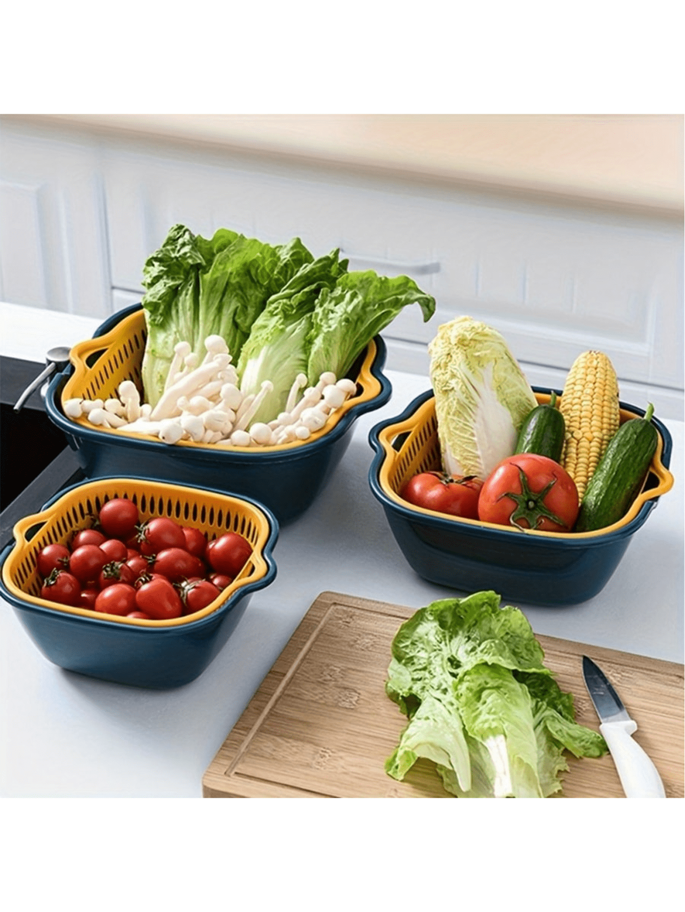 Plastic Kitchen Sink Colanders Set Of 2 Double Drain Basket For