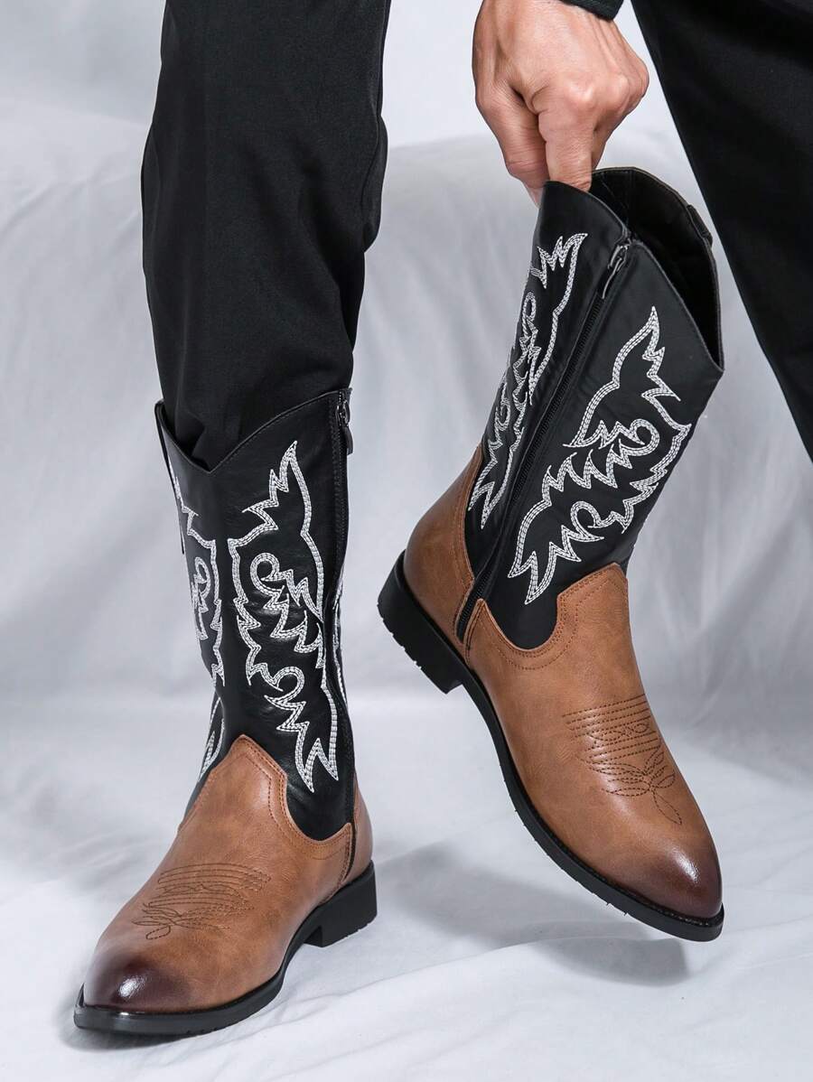 Stivali da uomo, stivali western cowboy alti con cerniera laterale e ricamo, stivali alti retrò con patchwork marrone, stivali Chelsea