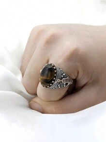 1 件男士时尚复古天然棕色绿松石戒指，适合婚礼、订婚、派对的珠宝 - 銀色 - 查看 4