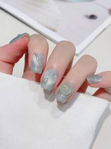 10片短款梯形手工按压式美甲贴片，优雅浪漫的蓝绿色和梅子色，可重复使用，包含1片果冻胶和1个指甲锉，适合日常、工作、上学、约会、派对、舞会等场合。 - 水鴨藍 - 查看 5