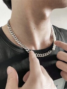 1 件男士时尚嘻哈不锈钢链项链，圣诞新年节日礼物 - 銀色 - 查看 3