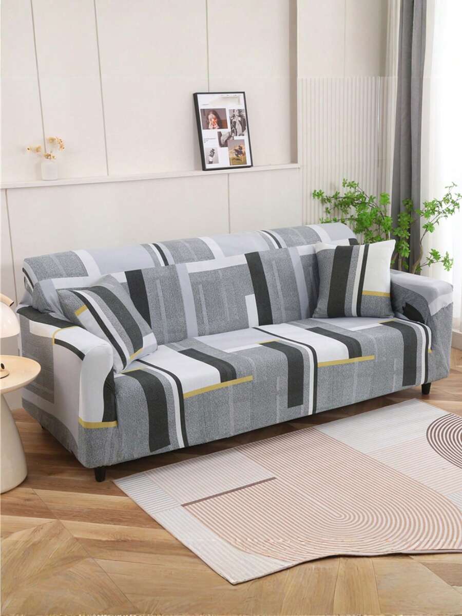 1 件几何图案灰色沙发套，弹性全覆盖涤纶简约沙发套，针织牛奶丝 4 季使用 - 灰色 - 查看 1