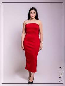 KIT 2 Long Strapless Sheath Dresses In Ribbed Fabric With Slit From P To GG With Padding And Elastic At The Back - Xanh đậm - Xem 2
