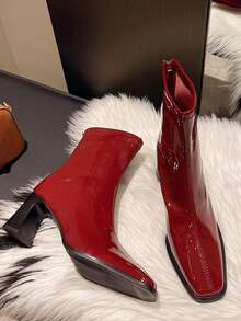 新款大码女式高跟踝靴，舒适粗跟软底修身时尚百搭短靴，法式设计方头短靴 - 紅色 - 查看 5