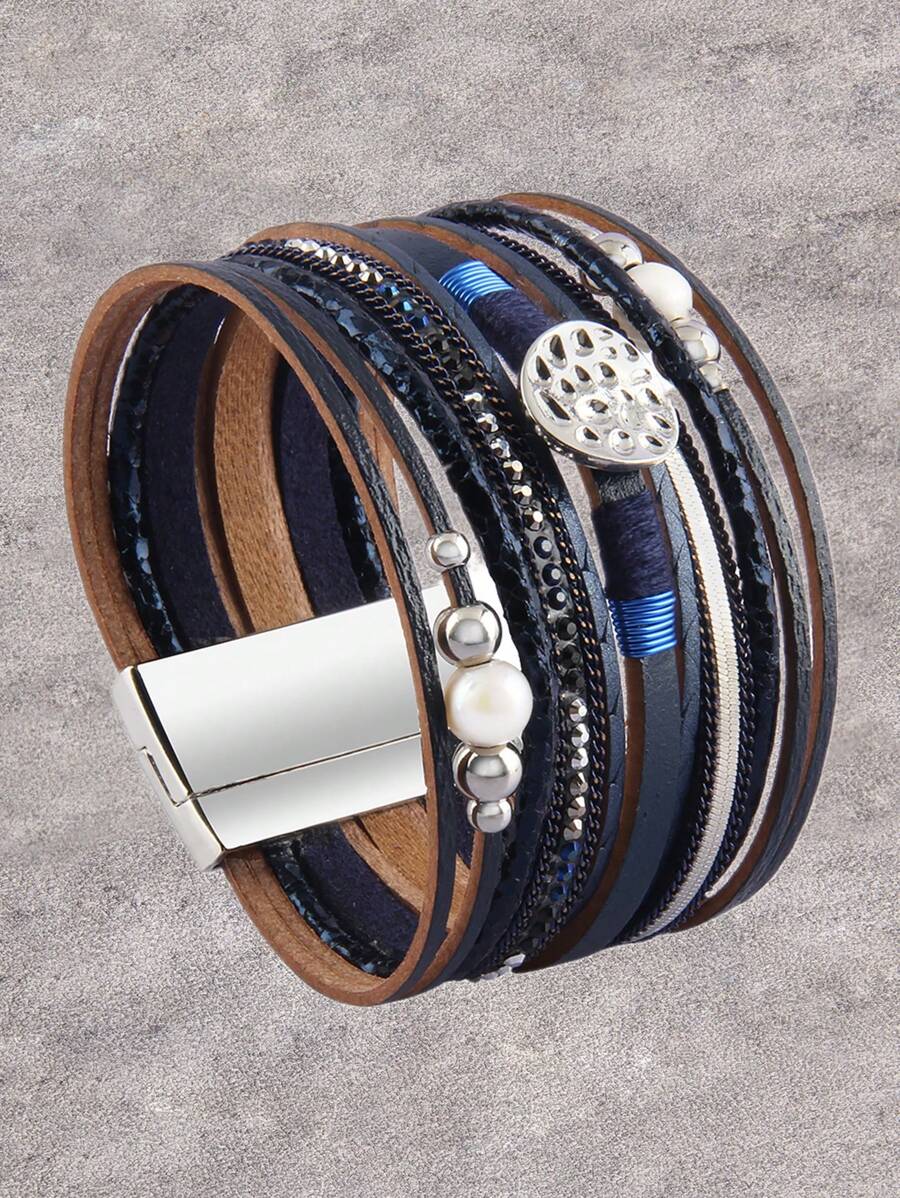 1 件女士合金装饰海滩风格奢华串珠手链，优雅个性化串珠手链，圣诞礼物 - 皮革 - 查看 1