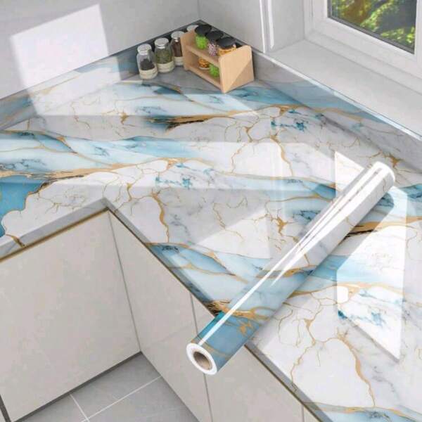 1 Roll Waterproof Self-Adhesive Marble Wallpaper, Seafoam Blue - Applicable For Kitchen Countertops, Bathroom Walls, And Living Room Decor