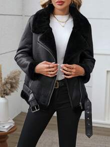 女士仿羊毛夹克 厚衬里派克大衣 冬季保暖外套 仿皮夹克