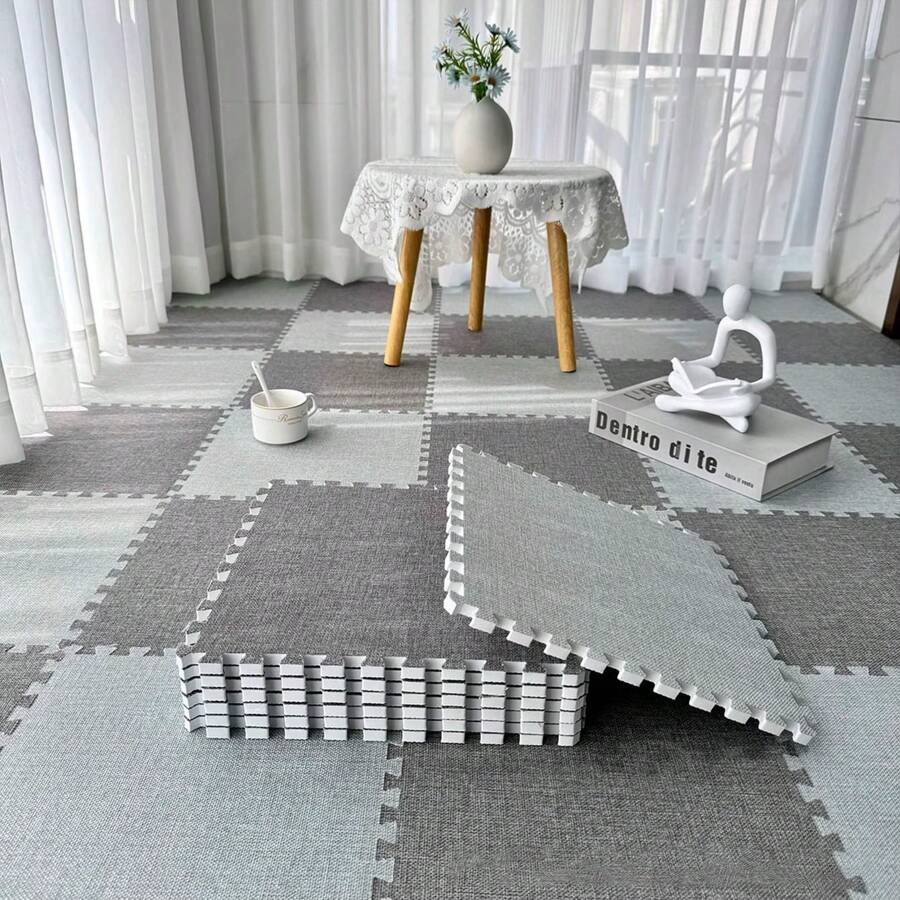 10pcs Foam Interlocking Carpet Tiles, Linen Rug For Bedroom, Living