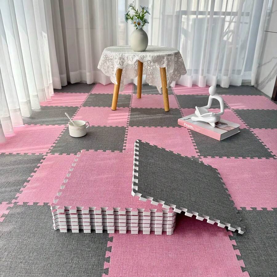 10pcs Foam Interlocking Carpet Tiles, Linen Rug For Bedroom, Living