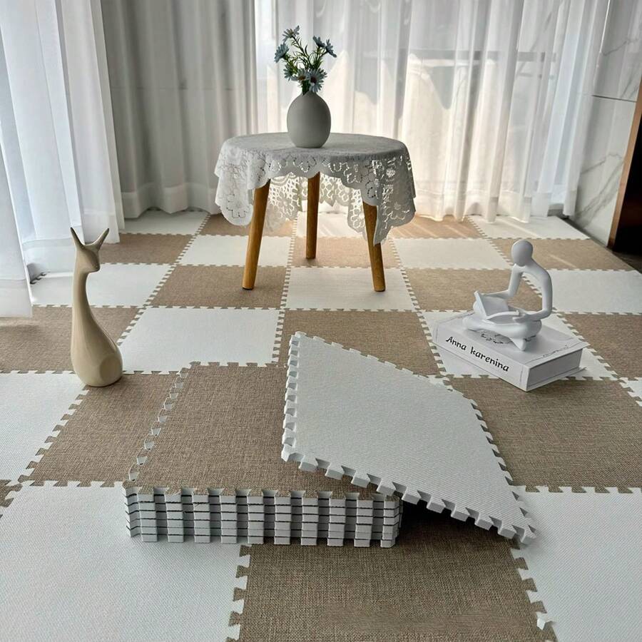 10pcs Foam Interlocking Carpet Tiles, Linen Rug For Bedroom, Living
