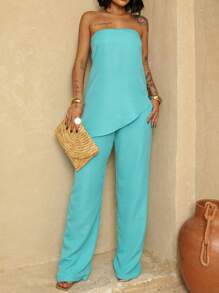 Set Of Strapless Tailored Blouse And High-Waisted Tailored Palazzo Pants - 水 - 查看 1