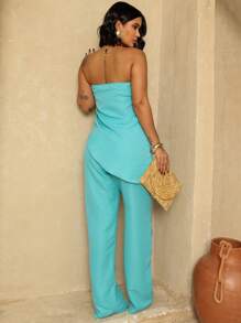 Set Of Strapless Tailored Blouse And High-Waisted Tailored Palazzo Pants - 水 - 查看 3