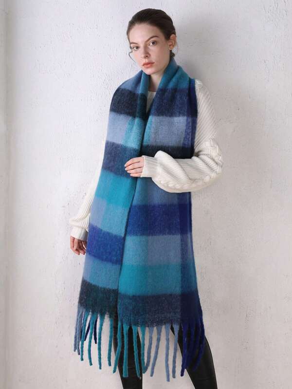1pc Women's Casual Vintage Rainbow Tassel Plaid Scarf, Warm And Suitable For Outdoor, Commuting Daily Wear, Autumn/Winter