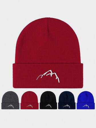 1pc Embroidered Mountain Peak Knit Beanie, Outdoor Street Casual Warm Winter Hat, Versatile For Daily Commute Men Women Clothing Winter