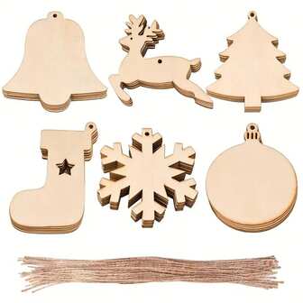 60pcs Christmas Decoration Hanging Ornaments, Handmade Wooden DIY Art, 6 Designs Incl. Christmas Tree, Bell, Reindeer, Stocking, Snowflake, Round Wooden Christmas Decor, For Christmas Holiday Decoration