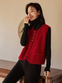 Victoria&Vera 秋冬新品 优雅简约圆领定制纽扣口袋纯色针织背心 百搭百搭 - 紅色 - 查看 3
