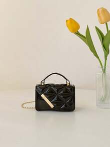 1PC 迷你绗缝菱形 PU 翻盖纯色手提斜挎包，女士斜挎包，适合日常使用，圣诞节热卖 - 彩色 - 查看 3