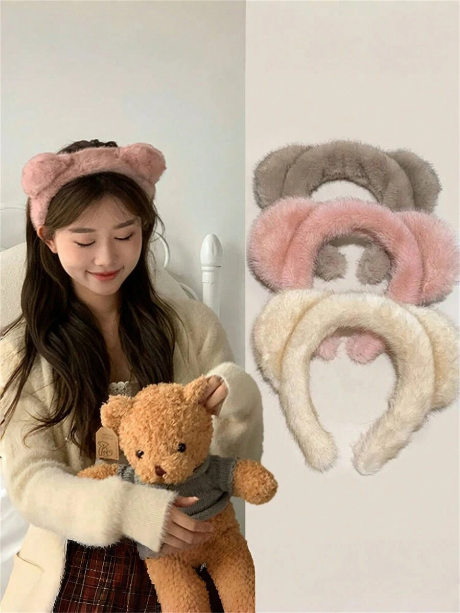 1 件秋冬纯色可爱卡通毛绒蓬松头带，适合女士户外日常发型佩戴，泰迪熊耳朵发饰 - 彩色 - 查看 1