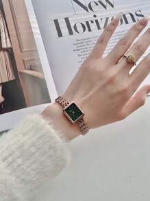 1pc Square Rose Gold Stainless Steel Quartz Watch With Bracelet, Fashion Casual Wristwatch For Daily