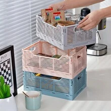 1 件塑料桌面收纳篮，可折叠储物箱，条纹零食收纳盒，可堆叠，适用于厨房、客厅、冰箱 - 彩色 - 查看 4