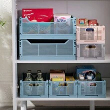 1 件塑料桌面收纳篮，可折叠储物箱，条纹零食收纳盒，可堆叠，适用于厨房、客厅、冰箱 - 彩色 - 查看 3