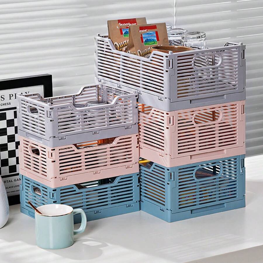 1 件塑料桌面收纳篮，可折叠储物箱，条纹零食收纳盒，可堆叠，适用于厨房、客厅、冰箱 - 彩色 - 查看 1