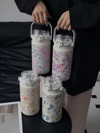 1 个 1000 毫升/33.82 盎司花卉系列真空保温水瓶，大容量运动水瓶带吸管，适用于健身房和户外活动、学校用品、生日礼物