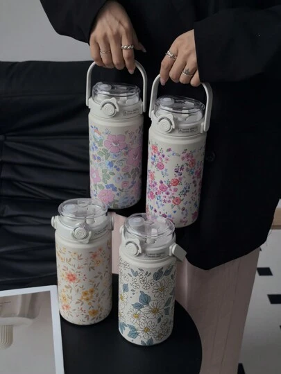 1 个 1000 毫升/33.82 盎司花卉系列真空保温水瓶，大容量运动水瓶带吸管，适用于健身房和户外活动、学校用品、生日礼物