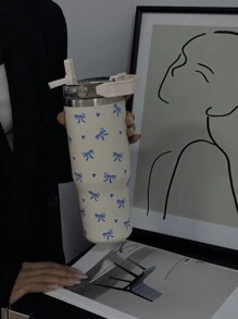 1pc 900ml/33.44oz Heart & Bow Vacuum Insulated Tumbler, Thermos Cup, Large Capacity Water Bottle With Handle & Straw, Dual Drinking Lid, Travel & Outdoor, Gym & Sports, School Supplies, Holiday Gift