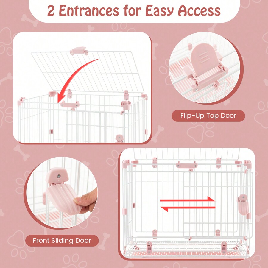 Folding Dog Kennel, Metal Wire Dog Crate With Universal Lockable Wheels