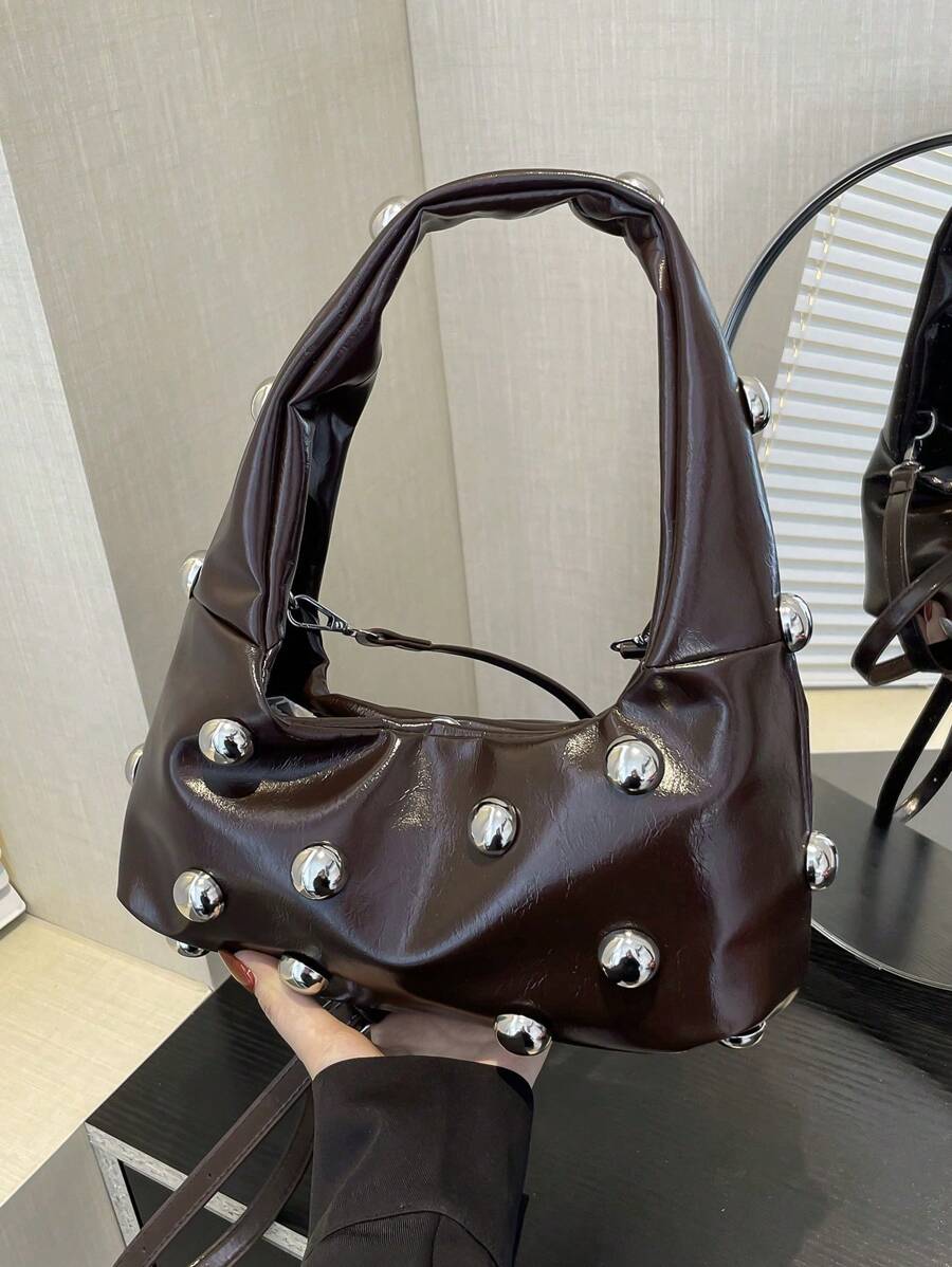 秋冬新款时尚，新款Y2K甜美酷炫女包，街头时尚铆钉单肩腋下包，可斜挎，Y2K包包，2000年代时尚风格，哥特朋克女包 - 咖啡棕 - 查看 1