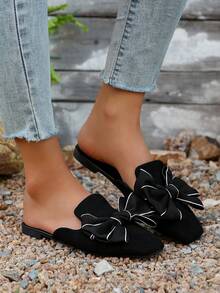 Giày lười đế xuồng nửa đầu mới cho nữ mùa xuân và thu, dép xăng đan đế bằng mũi tròn có nơ, giày bệt phong cách cổ tích - màu đen - Xem 8