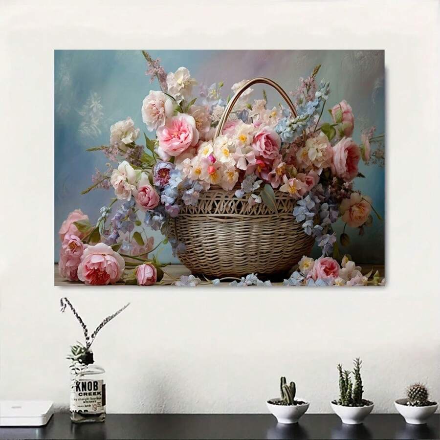 1 件花篮帆布墙艺术印刷品，无框玫瑰花卉海报，创意家居装饰，适用于卧室、客厅、浴室、办公室 - 彩色 - 查看 1