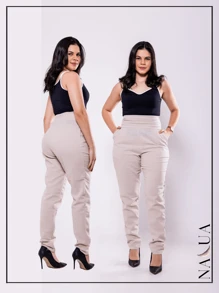 KIT 2 Women's Tailored Trousers, In Linen, With Draped Waistband And Side Cuffs, With Front Pocket - Màu be - Xem 3