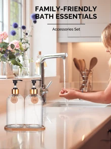 GAONLY 2Pcs 16 Oz Soap Dispenser With Bamboo Pump, Refillable Hand Soap Dispenser With Vertical Stripe, Premium Bathroom Soap Dispenser For Kitchen & Bathroom.Halloween Christmas Gift Home Bathroom Decor Fall Decor Back To School - Clear - View 7