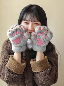 1 Pair Of Cute Cat Claw Fingerless Gloves, Thick, Warm, And Cold Resistant Plush Gloves, Suitable For Daily Use By Winter Girls, With A Rope