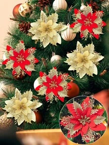 Bộ 10 hoa Giáng sinh kim loại nhiều màu sắc dùng cho cây thông Noel, vòng hoa và đồ trang trí nhà cửa, đồ trang trí hoa Giáng sinh (bao gồm 10 kẹp) - Nhiều màu - Xem 4