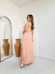 Women's Long Plain Dress With Thin Straps And Drawstring And Slit - 米色 - 查看 2