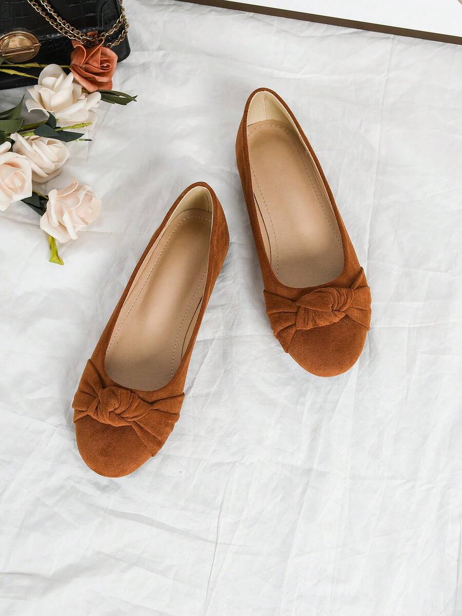 Giày ba lê da lộn Twist Knot Casual, màu nâu, mũi tròn nhẹ - màu nâu - Xem 1