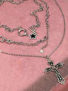 Set de 3 collares con colgante de estrella de cristal y cruz negra en estilo gótico punk rock Y2K, accesorios de joyería con diseño bohemio y de hip hop de moda