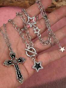 Set de 3 collares con colgante de estrella de cristal y cruz negra en estilo gótico punk rock Y2K, accesorios de joyería con diseño bohemio y de hip hop de moda