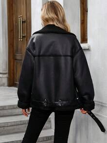 Women's Winter Jacket, Warm Thick Lining Faux Leather Jacket - Black - View 8